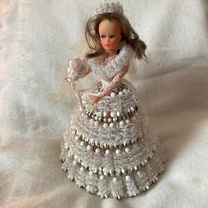 Vintage Bride Doll 11"H With Gold Colored Safety Pin White Bead Lace Dress